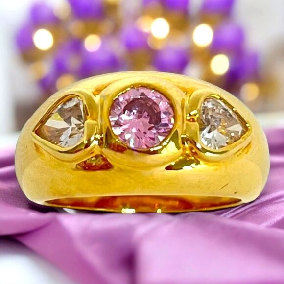 Vintage Ring Size 8 Pink & Heart Cubic Zirconia 14K Gold Plate Mid-Century 14K - Picture 3 of 11